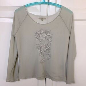 Vintage Dragon Embroidered Long Sleeve Top - Pale Grey/Green